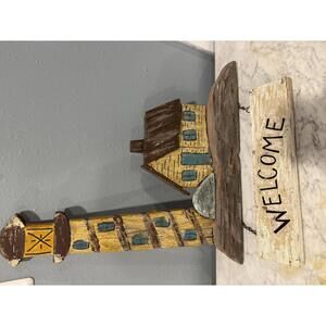 Vintage Folk Art Lighthouse Welcome Sign  Rustic Wooden Nautical Decor